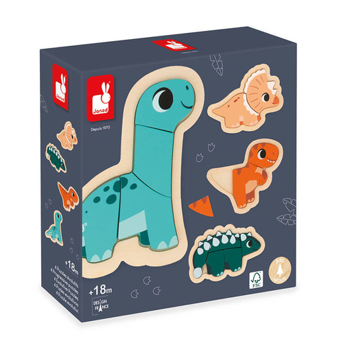 Puzzle progresywne drewniane Dinozaury 4 układanki – 2, 3, 4 i 5 elementów 18 m+, Janod