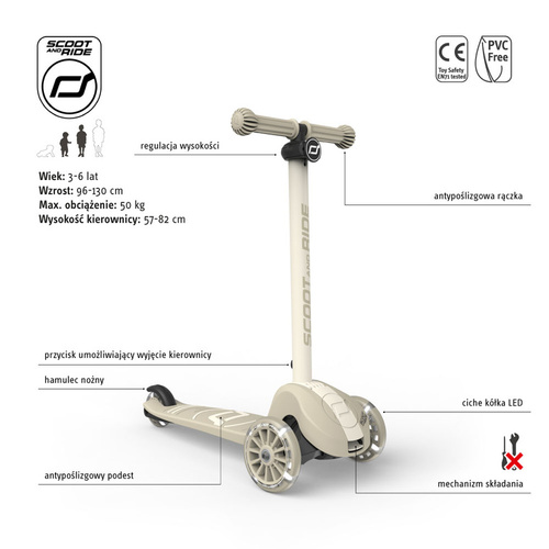 SCOOTANDRIDE - Highwaykick 3S - hulajnoga z systemem sterowania 2w1 i kółkami LED składana 3+, ash