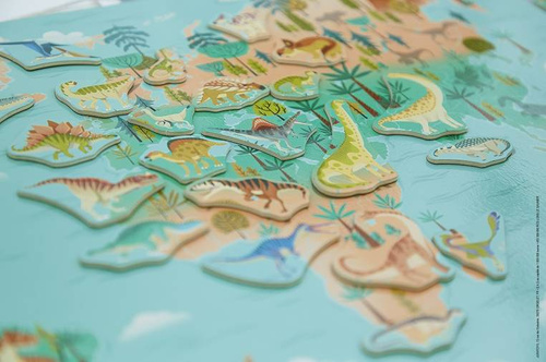 Układanka drewniana magnetyczna Mapa świata z 50 magnesami Dinozaury 7+, Janod