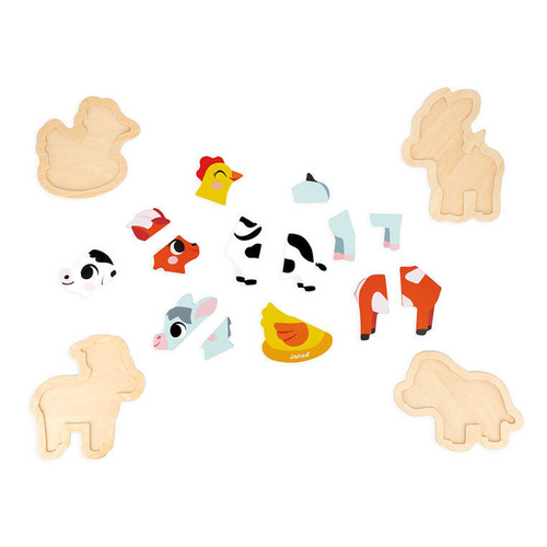 Puzzle progresywne drewniane Farma 4 układanki – 2, 3, 4 i 5 elementów 18 m+, Janod
