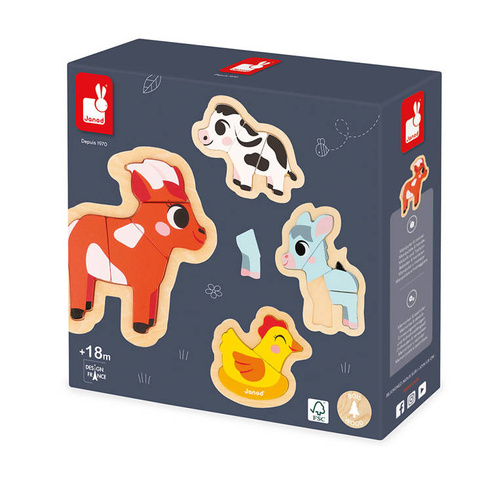 Puzzle progresywne drewniane Farma 4 układanki – 2, 3, 4 i 5 elementów 18 m+, Janod