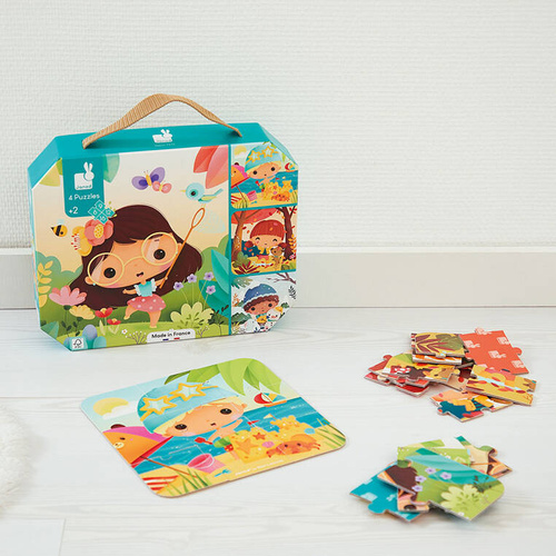 Janod - Puzzle progresywne w walizce Pory roku 4 układanki – 6, 9, 12 i 16 elementów 2+